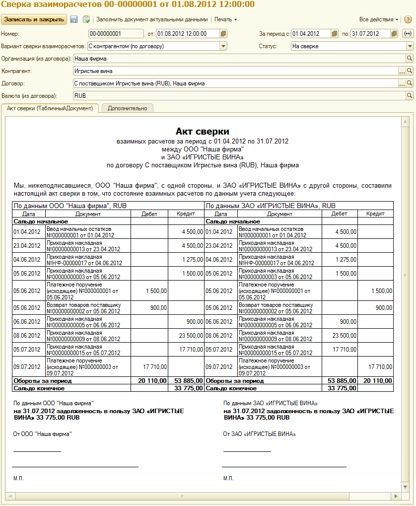 Сверка расчетов с контрагентами образец