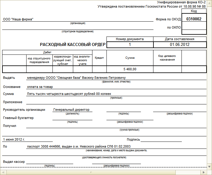 Расходно кассовый ордер как заполнять образец